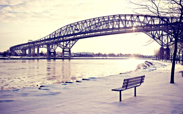 桥,雪,店,冬天,长凳,河