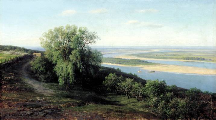 图片,画布,性质,树木,岸边,灌木丛,Klodt,绘画,水,在Simbirsk附近的伏尔加河,艺术家,风景