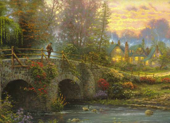 桥,家,艺术,绘画,渔夫,晚上,鹅卵石晚上,河,托马斯·金凯德