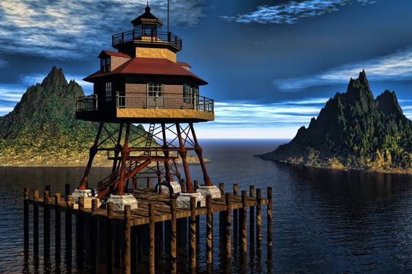 码头在两个岛屿前的棕色和黑色灯塔高清壁纸