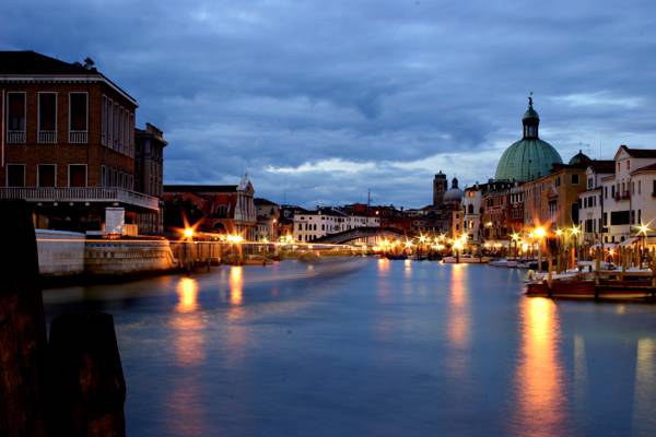 威尼斯,反思,大运河,建筑,晚上,水,建筑,灯,意大利,云,桥,意大利,...