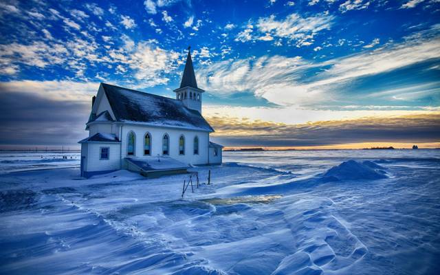 雪,教会,冬天,发光,天空,云彩