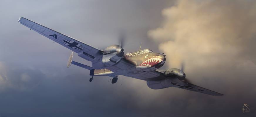 复古,在天空,艺术,飞机,嘴巴,Bf 110,图,飞行,咧嘴笑,Messerschmitt