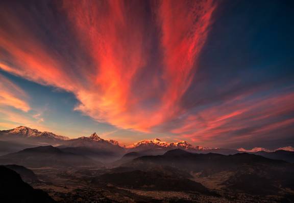 黎明,山谷,全景,西藏,山