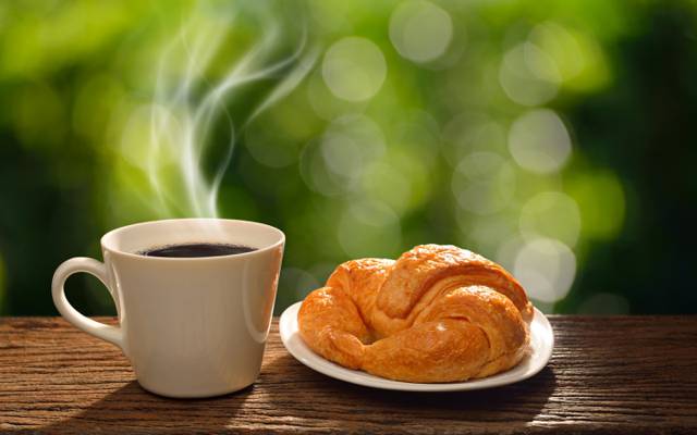 早餐,咖啡杯,早餐,早上好,热,咖啡,杯,羊角面包,早上