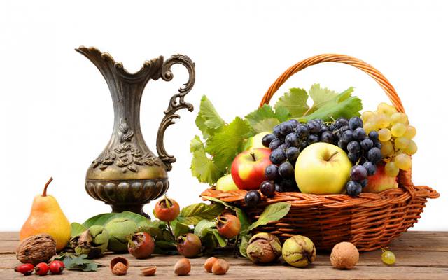 表,葡萄,坚果,静物,野蔷薇,水果,梨,篮子,投手,苹果