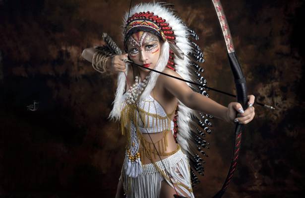 美国原住民,弓,亚洲人,箭头,武器,亚洲人,黑发,女孩,角色扮演