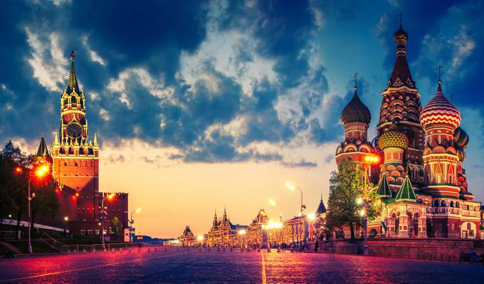 红场,圣巴索大教堂,克里姆林宫,俄罗斯,灯,暮光之城,莫斯科,云