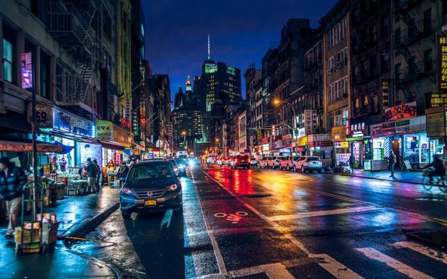 曼哈顿,唐人街,晚上,街头,灯光,纽约,纽约,运动,建筑,曼哈顿