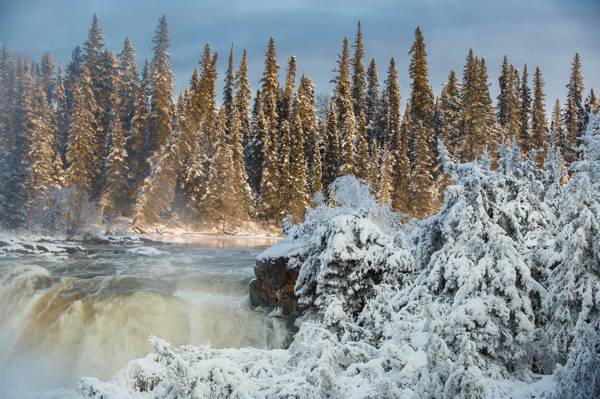 冬天,瀑布,马尼托巴,Pisew瀑布,Pisew瀑布省立公园,吃,加拿大,森林,加拿大,河,马尼托巴