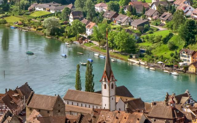 建筑,瑞士,瑞士,莱茵河畔斯坦因,家,河,镇。