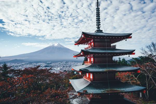 日本,秋天,天空,云彩,房子,山