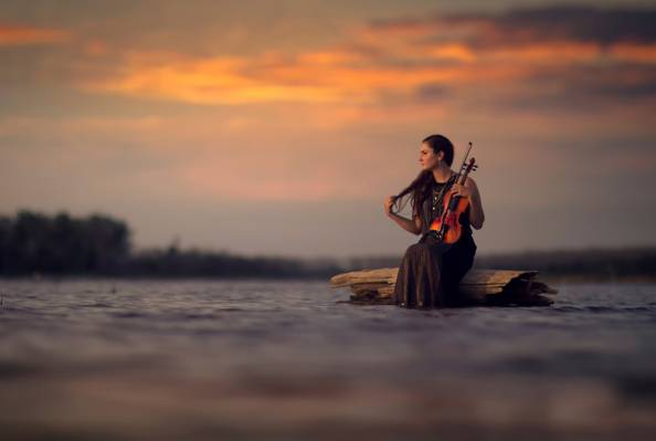 散景,沉默,水,女孩,小提琴