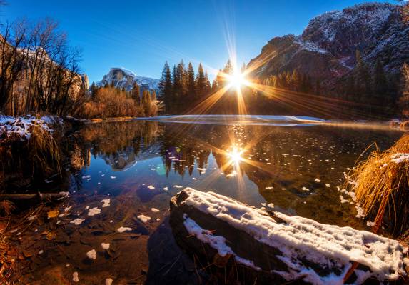反射,雪,山,CA,约塞米蒂国家公园,水,太阳的光芒,优胜美地国家...