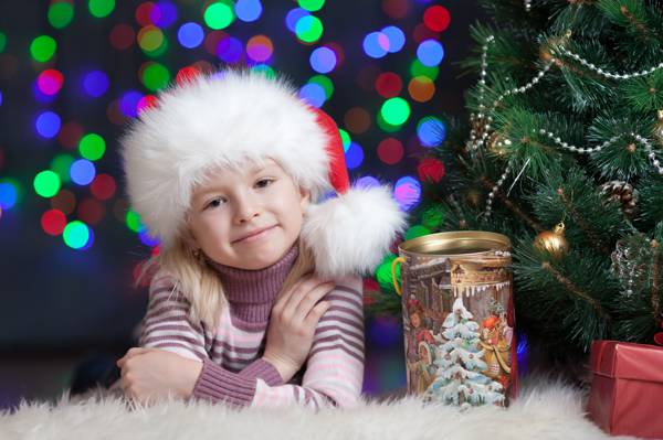 女孩,孩子,框,银行,树,微笑,圣诞装饰品,帽