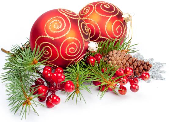 新年,云杉,红色,圣诞节,玩具,颠簸,冬青属,浆果,白色背景,圣诞节,新年,模式,...