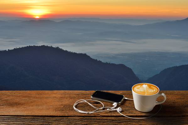 咖啡,咖啡杯,黎明,盅,早上好,热,早上