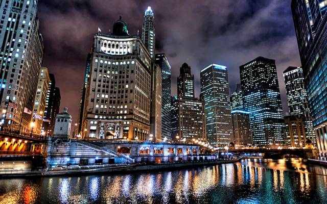 芝加哥,夜晚,美国,城市,灯光