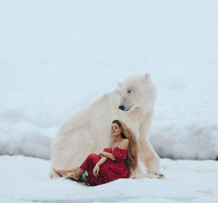 女孩,心情,红裙子,冬天,情况,雪,北极熊,熊
