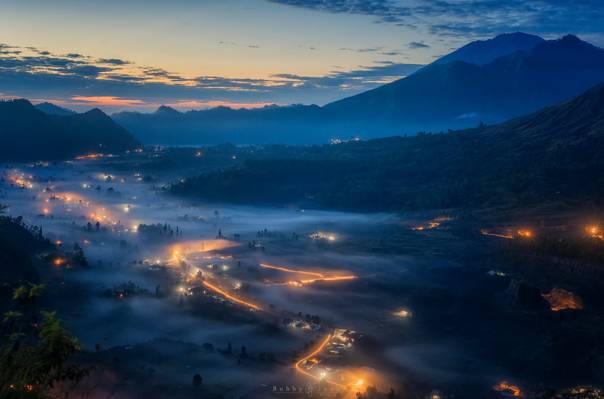 巴厘岛,早上,灯火,晚上,山,雾,山谷