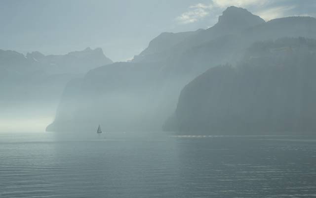 早晨,瑞士,雾,建立,卢塞恩湖,广州的URI,帆船
