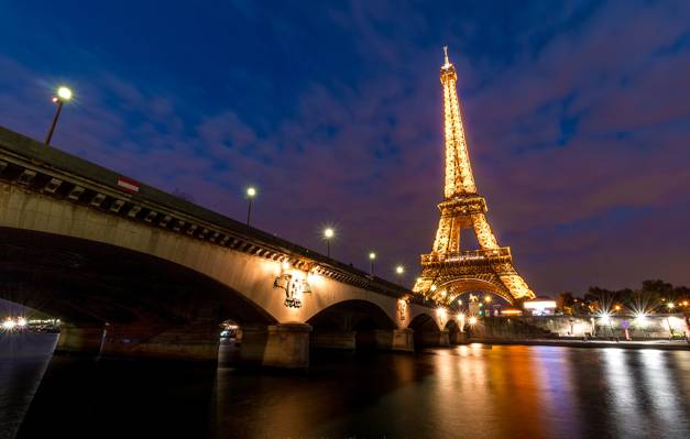 桥,干草,法国,巴黎,埃菲尔铁塔,灯,晚上,河