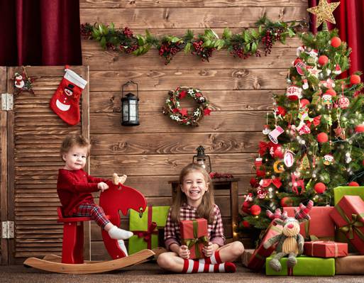 女孩,喜悦,礼物,儿童,装饰,玩具,树,心情,新年,照片,灯笼,装饰
