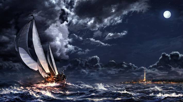 云,风暴,船,艺术,尖顶,帆船,城市,海,月亮,夜,云