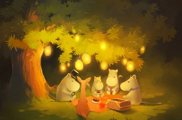 灯,灯,树,晚上,moomintroll,森林