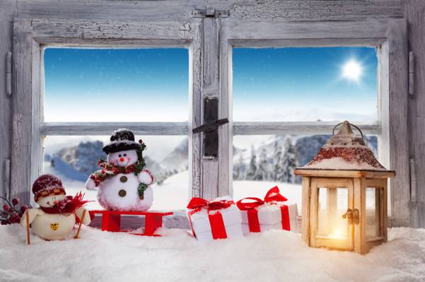 雪人,圣诞节,新年,礼物,雪,冬天,圣诞快乐,灯笼,窗口,圣诞节,装饰,雪,窗口,...