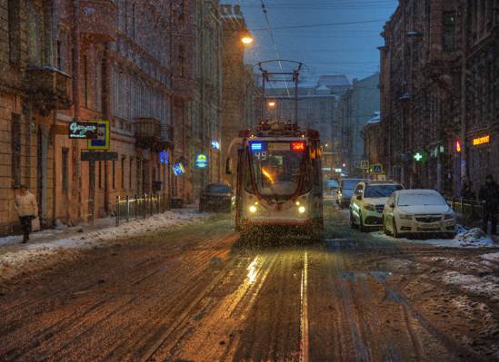 街,电车,雪,圣彼得堡