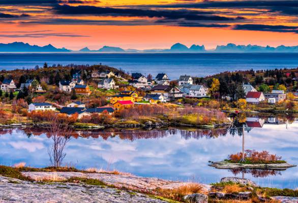 日落,挪威,村庄,罗弗敦群岛