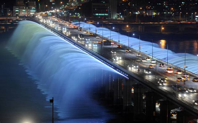 灯,首尔,桥,彩虹喷泉,韩国,夜晚,喷泉