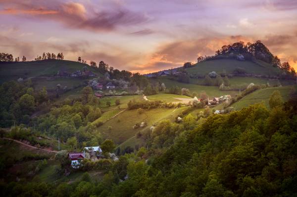 村庄,早晨,罗马尼亚,小山,云彩,天空,春天