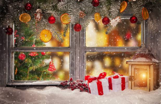 圣诞节,新年,礼物,雪,雪,窗口,冬天,圣诞快乐,装饰,灯笼,圣诞节,窗口,圣诞节,...