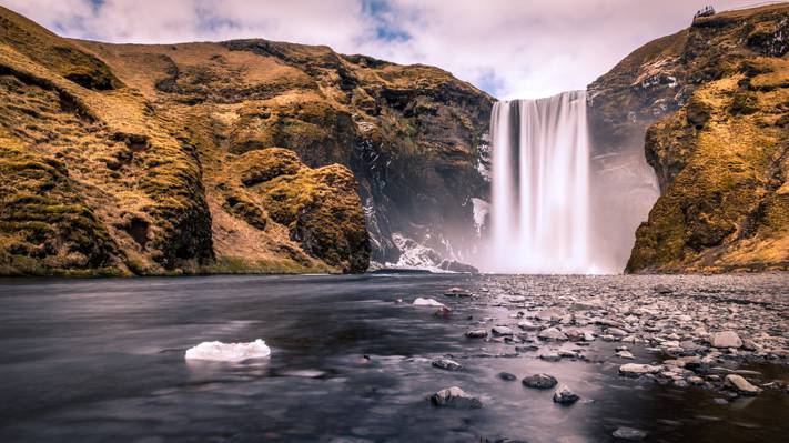 在白天的瀑布照片,冰岛高清壁纸