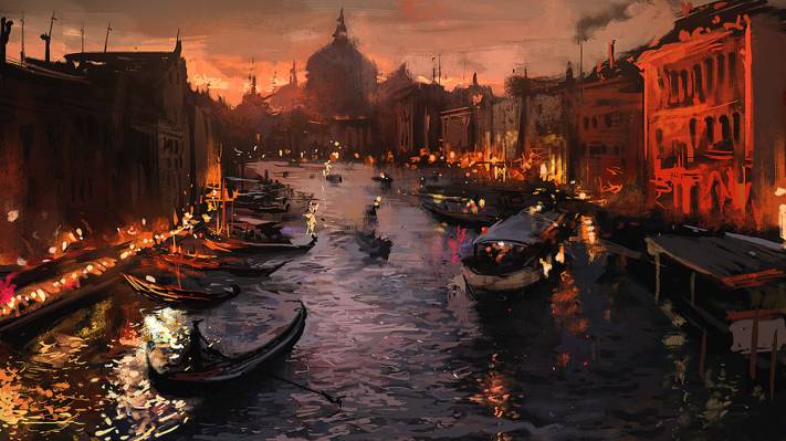 船,威尼斯,威尼斯,城市,艺术,灯光,晚上,河流