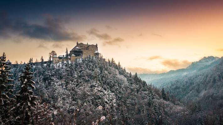 山,冬天,城堡