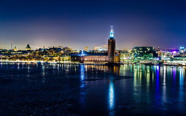 壁纸灯,反射,晚上,冬天,市政厅,斯德哥尔摩,瑞典
