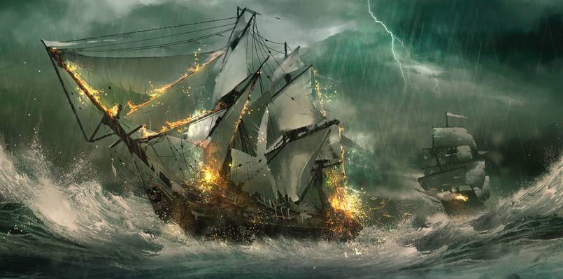 风暴,闪电,舰船,护卫舰,海洋,波浪,帆船,朱利安·卡列海战