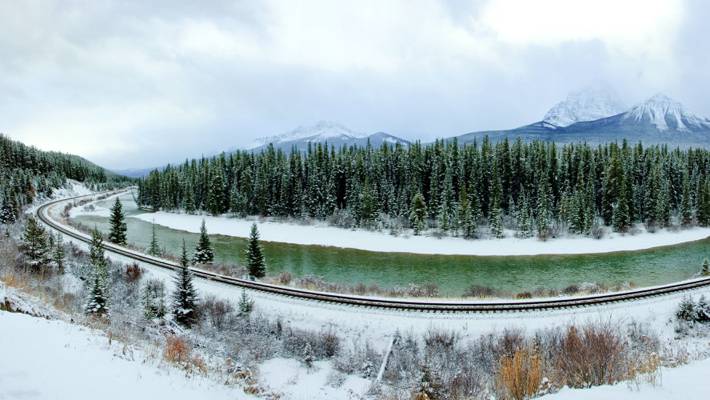 班夫,山,雪,冬天,全景,树,河,铁路,加拿大,森林