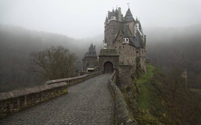 Eltz城堡,道路,雾,城堡,德国,ELTZ城堡