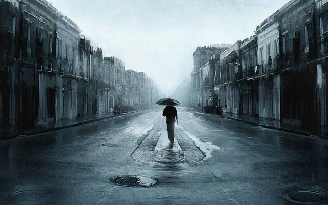 人,一个,艺术,道路,雨伞,城市,雨