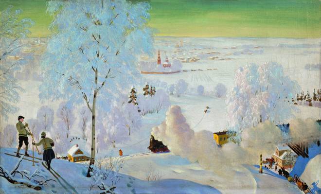 1919年,鲍里斯KUSTODIEV,滑雪者,火车,冬天,油,帆布,夫妇,雪橇