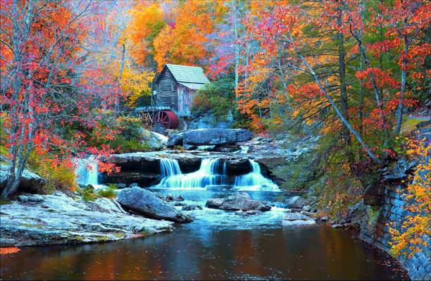 瀑布,树木,巴布科克州立公园,房子,河,森林,秋天,石头,美国