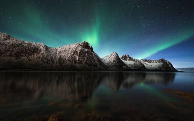 星星,天空,北极光,挪威,山,北,夜