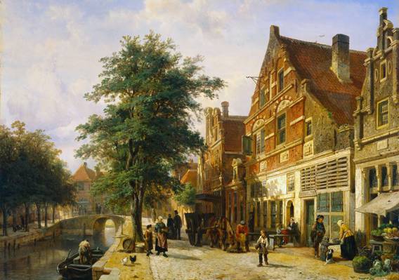 Cornelis Springer,石油,Enkhuizen街道,城市景观,图片,树木