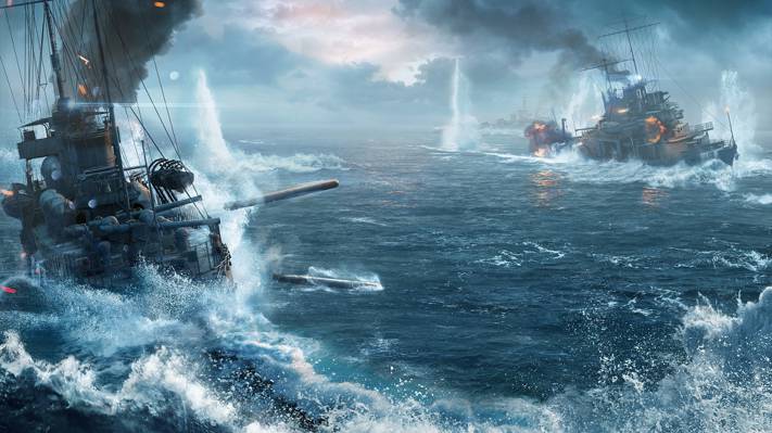 WoWS,战舰世界,船舶世界,天空,船舶,水,火焰,波浪,云,...