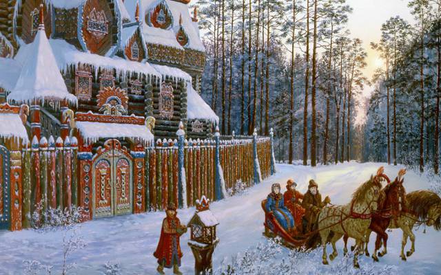 俄罗斯建筑,雪,三匹马,在散步,冬天,松,晚上,Vsevolod伊万诺夫,俄罗斯民俗,...
