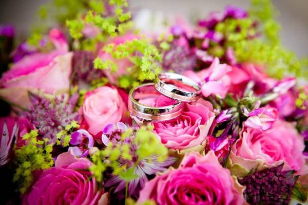 银婚礼乐队与粉红色的玫瑰花朵高清壁纸